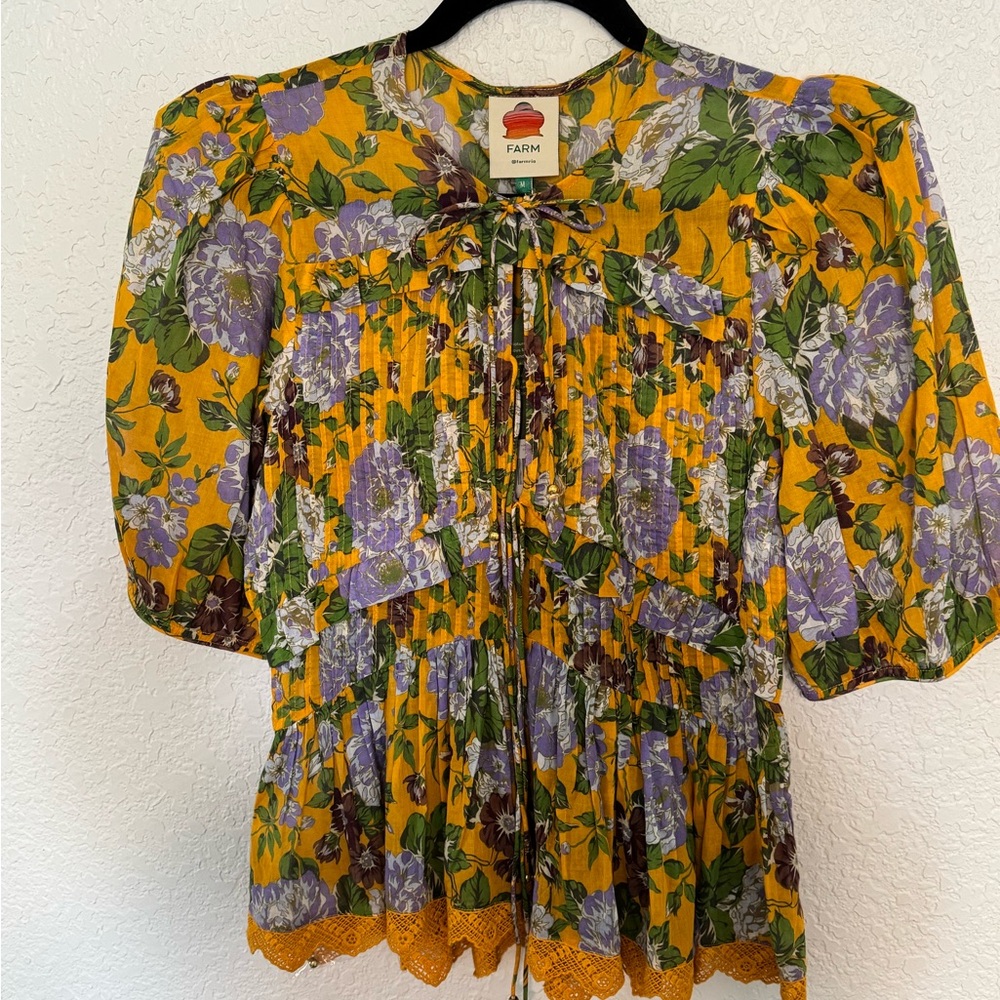 FARM Rio Mustard Yellow Floral Tie-Neck Blouse with Purple Blooms